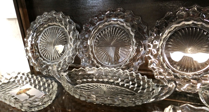 2 Shelves of Glassware including Mostly Early American Fostoria, Iced Tea Glasses, Dessert Plates, Oval Dishes, Nappys, and Shakers, 
