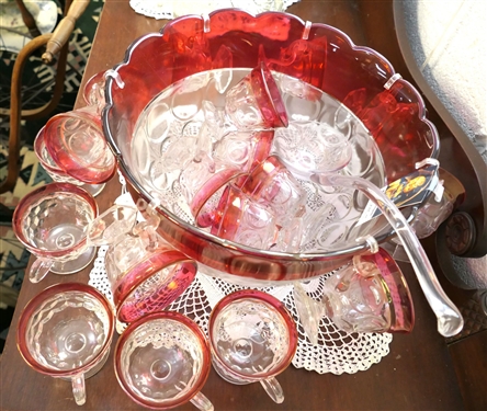 Ruby Flash Punch Bowl Set  - 13 Matching Cups and 6 Odd Cups - Punch Bowl Measures 7 1/2 tall 13 Across -