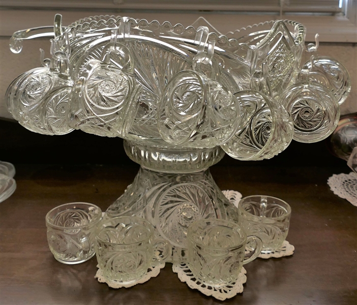 Early American Press Glass Punch Bowl, 11 Cups with Base and Glass Ladle  - Bowl Measures 14" Across
