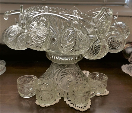 Early American Press Glass Punch Bowl, 11 Cups with Base and Glass Ladle  - Bowl Measures 14 Across