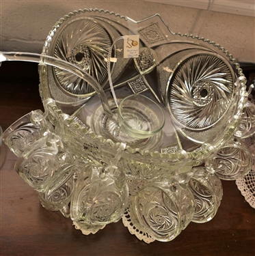 Early American Press Glass Punch Bowl, 11 Cups with Base and Glass Ladle  - Bowl Measures 14 Across