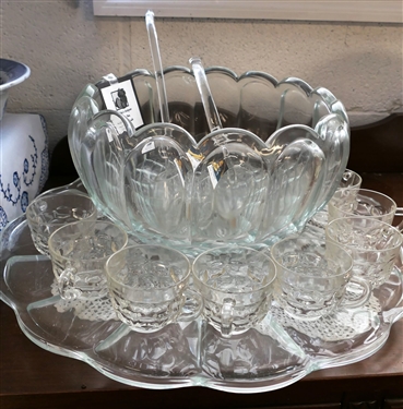Punch Bowl, Cups, Underplate, and 12 Ladles - Bowl Measures 12 Across