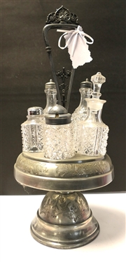 Victorian Cruet Set in Floral Decorated Stand - Daisy and Button Bottles  - Overall Measures 17 Tall 