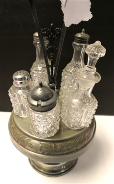 Victorian Cruet Set in Floral Decorated Stand - Daisy and Button Bottles  - Overall Measures 17 Tall 