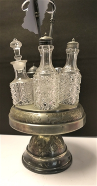 Victorian Cruet Set in Floral Decorated Stand - Daisy and Button Bottles  - Overall Measures 17 Tall 