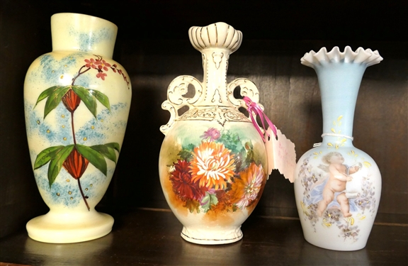 3 Hand Painted Vases - Porcelain Made in England - 8 Tall and 2 Bristol Glass - Blue with Cherub - 7 Tall  