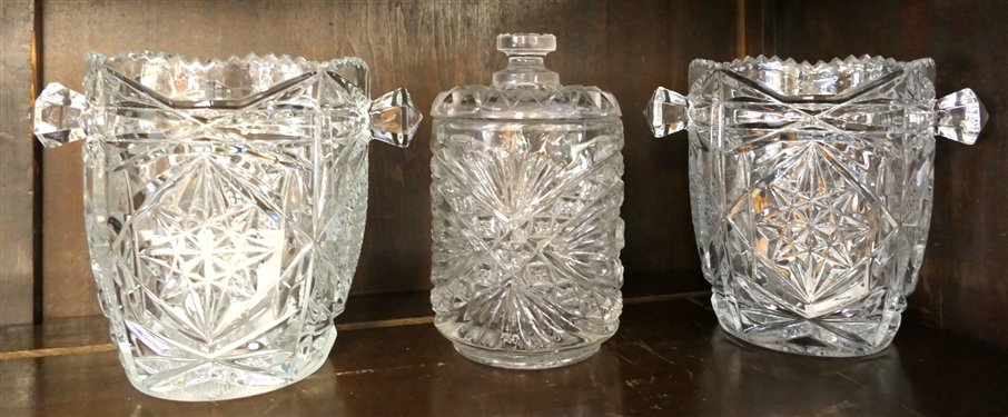 3 Pieces of Press Glass - 2 Ice Buckets Measuring 5 1/2 tall and 1 Covered Candy Dish 