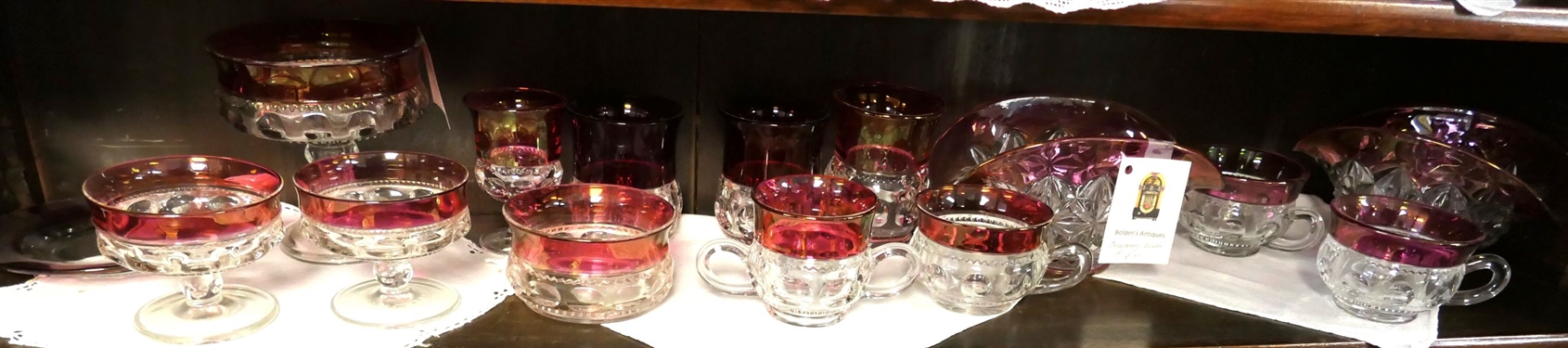 15 Pieces of Kings Crown and Cranberry Flash - 2 Oval Bowls 4 Tall, 2 Sherbets, 5 Compote, and 2 Tumblers