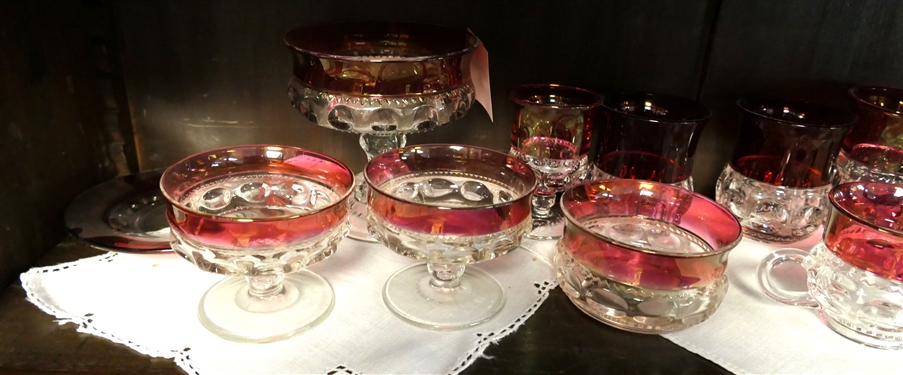 15 Pieces of Kings Crown and Cranberry Flash - 2 Oval Bowls 4 Tall, 2 Sherbets, 5 Compote, and 2 Tumblers