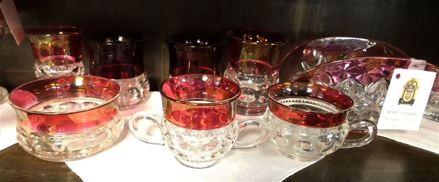 15 Pieces of Kings Crown and Cranberry Flash - 2 Oval Bowls 4 Tall, 2 Sherbets, 5 Compote, and 2 Tumblers