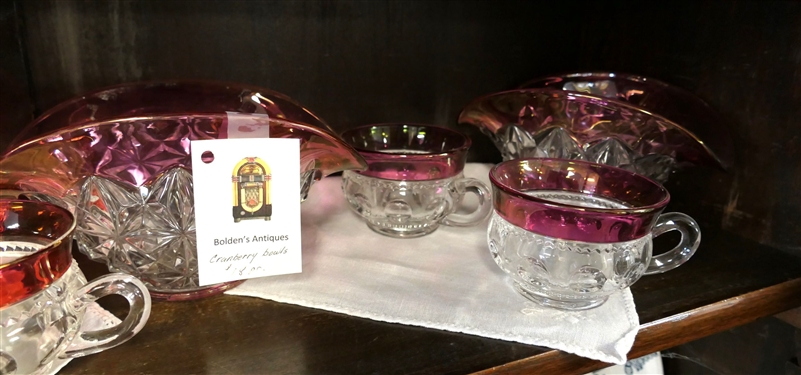 15 Pieces of Kings Crown and Cranberry Flash - 2 Oval Bowls 4 Tall, 2 Sherbets, 5 Compote, and 2 Tumblers