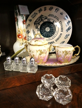 Mixed Lot of Glassware and China including Salt Dips, Hand Painted Cream and Sugar Set, Union Service Plate, and Bristol Vase - 9