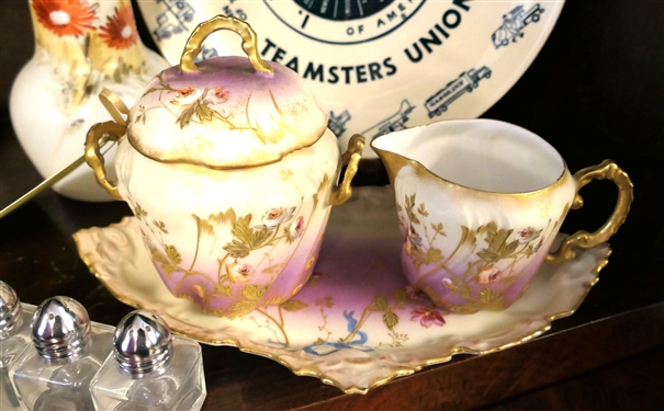 Mixed Lot of Glassware and China including Salt Dips, Hand Painted Cream and Sugar Set, Union Service Plate, and Bristol Vase - 9