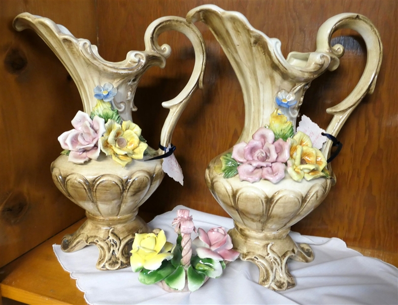 3 Pieces of Capodimonte - 2 14" Pitchers and 1 Flower Basket - Some Tiny Nick Flowers in Basket 
