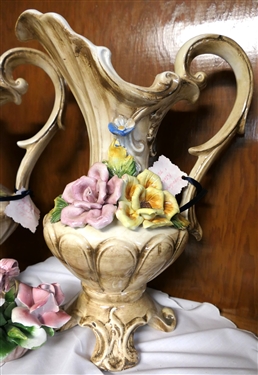 3 Pieces of Capodimonte - 2 14 Pitchers and 1 Flower Basket - Some Tiny Nick Flowers in Basket 