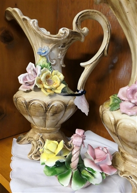 3 Pieces of Capodimonte - 2 14 Pitchers and 1 Flower Basket - Some Tiny Nick Flowers in Basket 