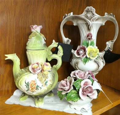 3 Pieces of Capodimonte - 1 Tea Pot, Large Double Handled Vase, and Flowers - Double Handled Vase Measures 15 Tall 