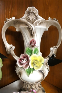 3 Pieces of Capodimonte - 1 Tea Pot, Large Double Handled Vase, and Flowers - Double Handled Vase Measures 15 Tall 