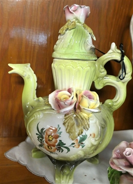 3 Pieces of Capodimonte - 1 Tea Pot, Large Double Handled Vase, and Flowers - Double Handled Vase Measures 15 Tall 