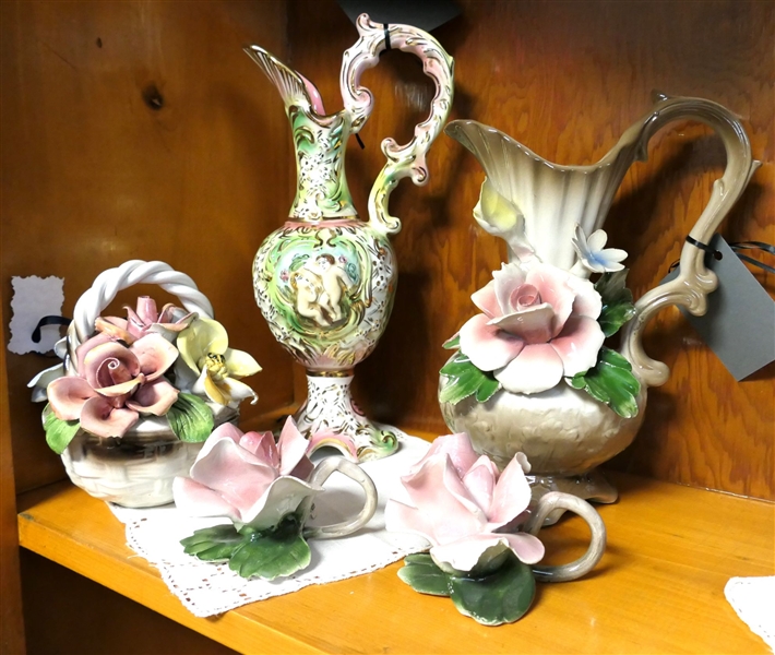 5 Pieces of Capodimonte - 13" Pitcher with Cherubs, 7" Basket of Flowers - 1 Flower Has Broken Petals
