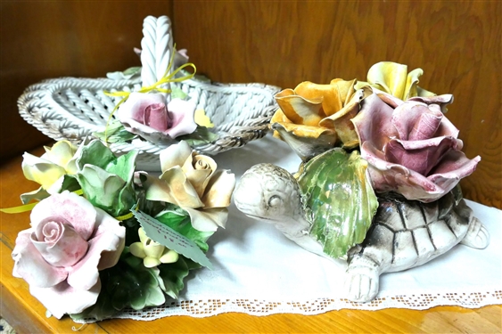 3 Pieces of Capodimonte - 4 Candle Stick (Broken Petals on Smaller Flowers) Turtle with Flowers, and Basket - Basket Measures 4 tall 9 Across