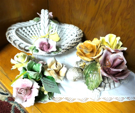 3 Pieces of Capodimonte - 4 Candle Stick (Broken Petals on Smaller Flowers) Turtle with Flowers, and Basket - Basket Measures 4 tall 9 Across