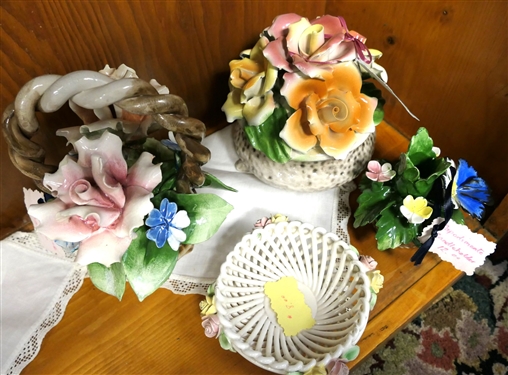 4 Pieces of Capodimonte - 9 Basket, 4 Candle Stick and 2 Others