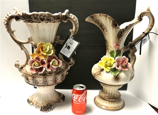 2 Large Pieces of Capodimonte - 18 Pitcher - Flowers are Good and 16 1/2 Double Handled Vase - Some Chips to Flowers
