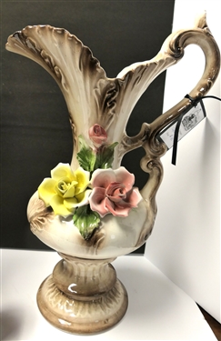 2 Large Pieces of Capodimonte - 18 Pitcher - Flowers are Good and 16 1/2 Double Handled Vase - Some Chips to Flowers