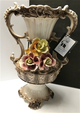 2 Large Pieces of Capodimonte - 18 Pitcher - Flowers are Good and 16 1/2 Double Handled Vase - Some Chips to Flowers