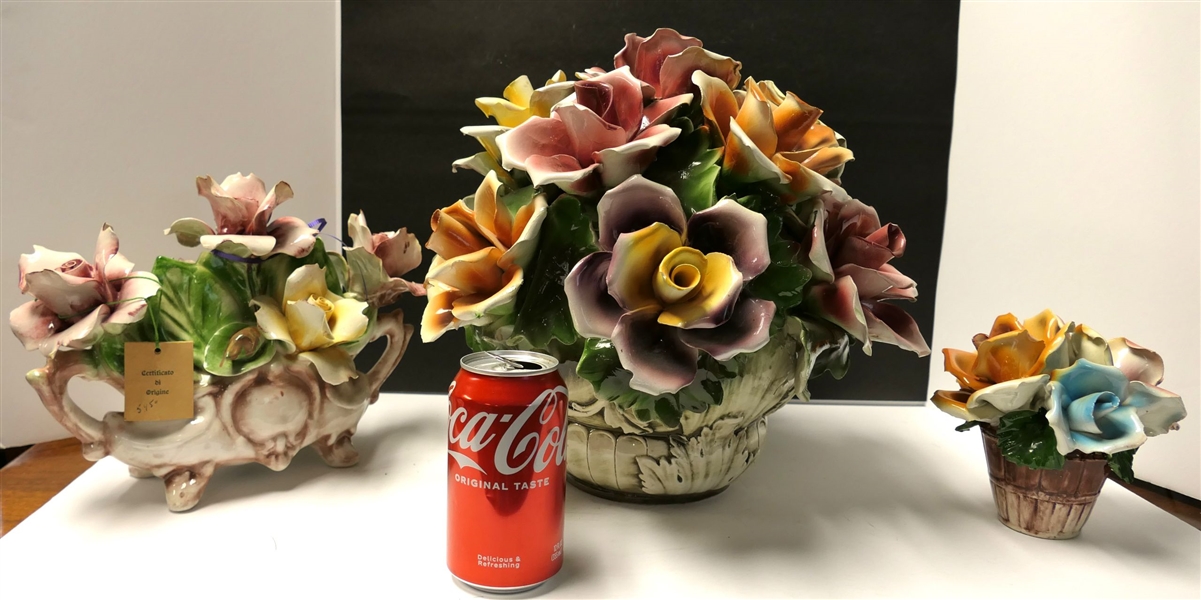 3 Pieces of Capodimonte - Large Flowers, 14" Tall, Small Flowers - 6" Tall, and Other Flowers 9" Tall with Original Tag