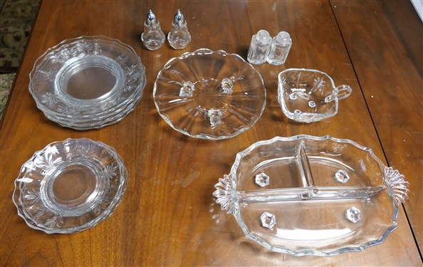 14 Pieces of Fostoria Baroque Glassware and Pair of Fostoria Century Salt and Pepper Shakers - Divided Dish Measures 12 by 7 1/2 Plates Measure 7 