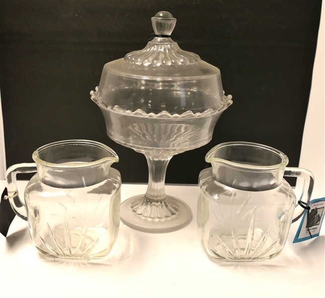 Early American Press Glass Preserve Stand with Lid and 2 Clear Glass Pitchers - Preserve Stand Measures 13" tall 