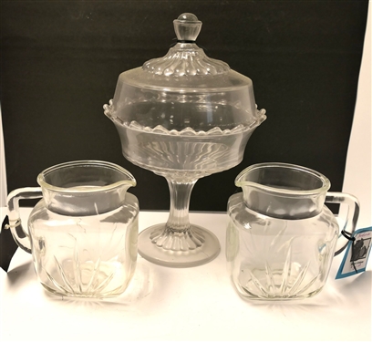 Early American Press Glass Preserve Stand with Lid and 2 Clear Glass Pitchers - Preserve Stand Measures 13 tall 