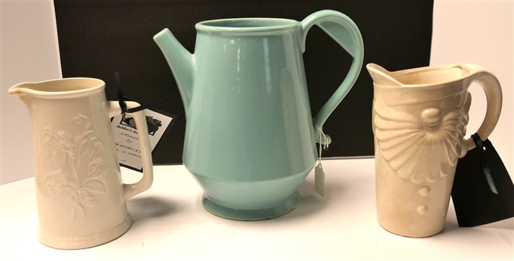 3 Pitchers - Turquoise USA, Holt Howard 1959, and Ironstone - Holt Howard Measures 7 1/2 Tall 