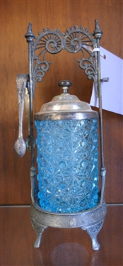 Blue Daisy and Button Victorian Pickle Castor with Tongs - Measures 11 1/8 Tall
