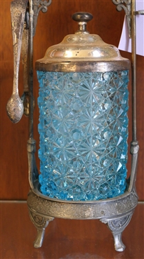Blue Daisy and Button Victorian Pickle Castor with Tongs - Measures 11 1/8 Tall