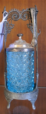Blue Daisy and Button Victorian Pickle Castor with Tongs - Measures 11 1/8 Tall