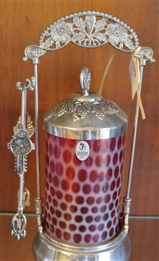 Fenton Coin Dot Pickle Caster with Original Paper Label in Fancy Silverplate Holder with Grapes and Leaves - Measures 10 3/4 Tall 