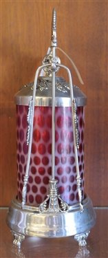 Fenton Coin Dot Pickle Caster with Original Paper Label in Fancy Silverplate Holder with Grapes and Leaves - Measures 10 3/4 Tall 