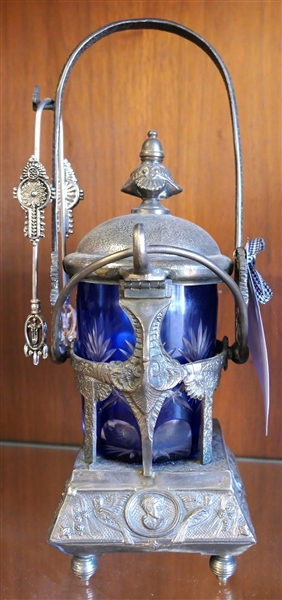 Fancy Cobalt Blue Cut to Clear Pickle Caster with Hinged Lid, Grecian Busts on Base - Measures 12 1/2" Overall Height 