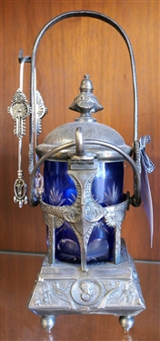Fancy Cobalt Blue Cut to Clear Pickle Caster with Hinged Lid, Grecian Busts on Base - Measures 12 1/2 Overall Height 