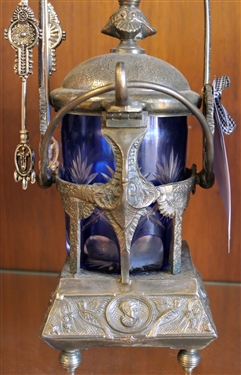Fancy Cobalt Blue Cut to Clear Pickle Caster with Hinged Lid, Grecian Busts on Base - Measures 12 1/2 Overall Height 