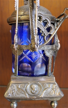 Fancy Cobalt Blue Cut to Clear Pickle Caster with Hinged Lid, Grecian Busts on Base - Measures 12 1/2 Overall Height 