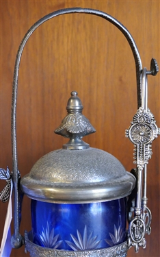 Fancy Cobalt Blue Cut to Clear Pickle Caster with Hinged Lid, Grecian Busts on Base - Measures 12 1/2 Overall Height 