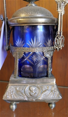 Fancy Cobalt Blue Cut to Clear Pickle Caster with Hinged Lid, Grecian Busts on Base - Measures 12 1/2 Overall Height 