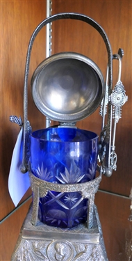 Fancy Cobalt Blue Cut to Clear Pickle Caster with Hinged Lid, Grecian Busts on Base - Measures 12 1/2 Overall Height 