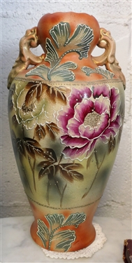 Large Floral Vase with Moriage Decoration Measures 14 1/2 tall Some Overall Crazing 