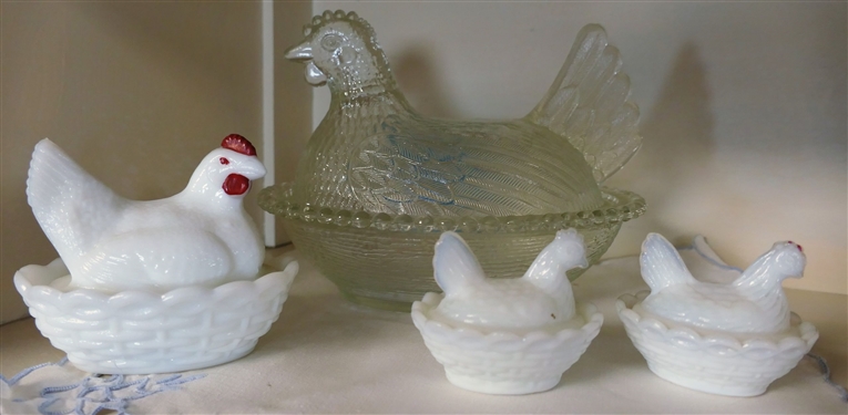 4 Hens on a Nest - 3 Small Milk Glass and 1 Clear Glass - Smallest Milk Glass Measures 2 tall 2 1/2 Across