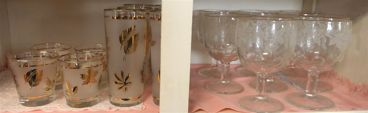 Lot of Vintage Gold Leaf Glassware including Tumblers, Iced Tea Glasses, and Goblets with White Leaves and Gold Trim - Goblets Measure 6 1/4 Tall